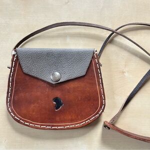 Two-Tone Brown and Gray Leather Crossbody Saddle Bag